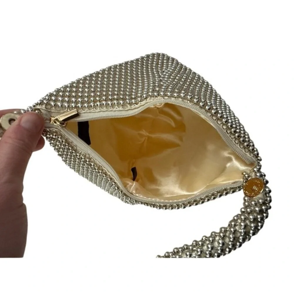 NWT Jessica McClintock‎ Staci Mesh Wristlet Pouch Light Gold Old Money Luxury